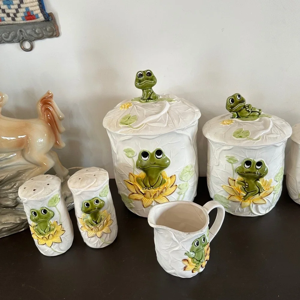 VTG Sears Roebuck Neil the Frog Ceramic Canister Set 8pc Creamer Salt Pepper MCM